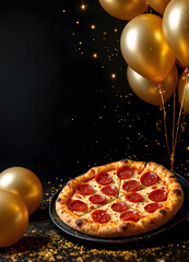 A whimsical arrangement of golden balloons with sparkles, alongside a delicious magic pizza featuring salami, sprinkled with gold powder, all against a stark black background with ample room for text