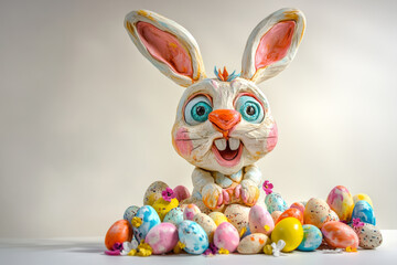 Fototapeta premium Whimsical clay Easter bunny on a white background, embodying joy with vibrant eggs and flowers.