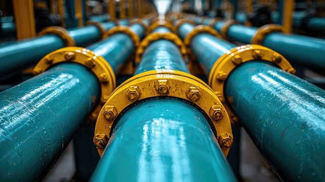 Parallel teal industrial pipes with yellow flanges and bolts.