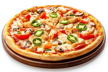 Freshly baked pizza topped with chicken, mushrooms, bell peppers, jalapeños, and melted cheese on a wooden serving board