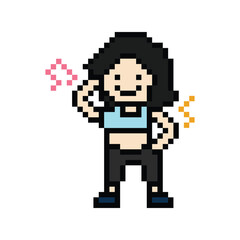 Cartoon pixel character cute woman exercises training dance lifestyle music decoration life style 8 bit female girl dance with music game 8bit fitness isolated PNG vector.