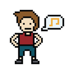Fototapeta premium Cute cartoon pixel character cute man exercises training aerobic dance lifestyle music decoration life style 8 bit male boy dance with music game 8bit fitness isolated PNG vector.
