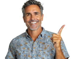 Man smiling with raised finger in casual attire