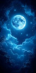 Full moon shining brightly in a night sky filled with fluffy clouds and stars.