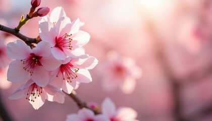 Obraz premium Close-up of vibrant cherry blossom flowers in soft sunlight, symbolizing spring beauty and renewal during the Hanami season