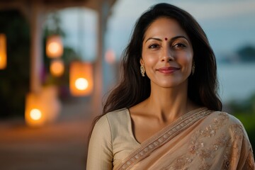 An elegant woman in traditional Indian attire stands gracefully, showcasing cultural attire with intricate details, radiating beauty and heritage in her demeanor.