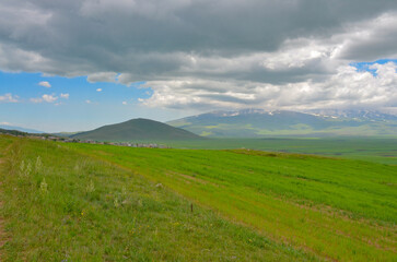 Tsilkar village, Vardablur mountain and Mount Aragats scenic view from Spitak Pass (Aragatsotn province, Armenia)
