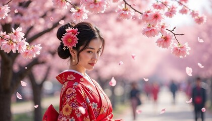 Young woman in vibrant red kimono admiring cherry blossoms during the Hanami celebration under a sunny spring sky