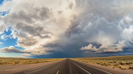 Naklejka premium A panoramic shot of a long, empty highway stretching into the desert horizon under a dramatic sky with towering cumulonimbus clouds.