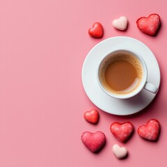 Coffee cup and heart shaped candy. Top view flat lay with copy space. Valentines day greeting card template