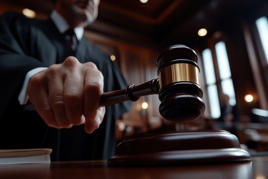 A serious courtroom scene captures a judge in action, emphasizing the authority and responsibility held by the judicial system in upholding justice and order.