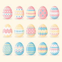  Set of colorful easter eggs on a light yellow background. Easter vector collection in flat design.