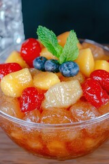 A vibrant close-up of a refreshing fruit salad served in a glass bowl, featuring vibrant slices of kiwi, watermelon, mango, and blueberries. The bowl is garnished with a sprig of mint and sits 