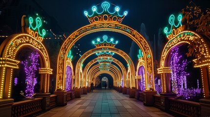 Obraz premium Illuminated archway with Mardi Gras crowns and vibrant lights