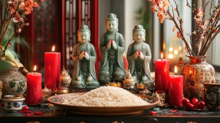 Decorative Altar with Jade Statues of Ancestors