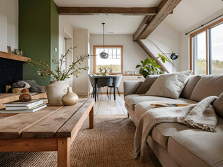 Obraz premium Rustic coffee table near sofa against wall. Scandinavian interior design of modern living room.