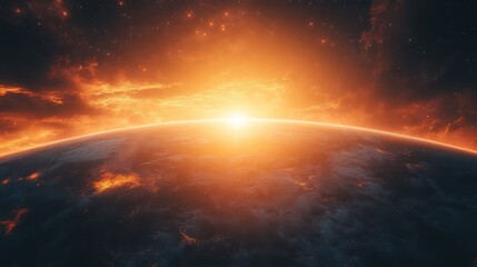 Obraz premium Vibrant sunrise over a distant planet illuminating cosmic horizons with radiant colors