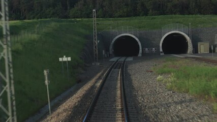 A railway track leads into a circular tunnel reinforced with concrete, surrounded by grassy terrain and trees. Ideal for transportation, infrastructure, and railway projects