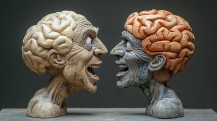 Two sculpted heads, exposed brains, facing, conversing.