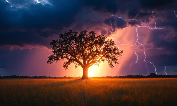 A dramatic sunset behind a solitary tree with lightning in the sky.