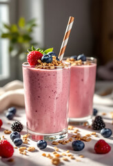 A pink smoothie or milkshake served in glasses, topped with fresh berries, granola, and nuts