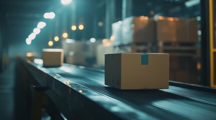 Multiple cardboard parcels being sorted on a conveyor belt in a modern warehouse facility, optimized for efficient logistics and shipping operations