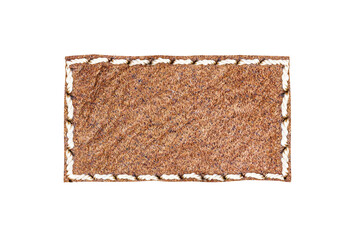 Suede belt strap with stitched seams isolated on white. Brown leather white thread stitching. Fabric patch isolated. Perforated leather frame. Brown thread sew.