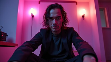 Fototapeta premium Mysterious Portrait of a Contemplative Young Man in a Dimly Lit Space With Vibrant Pink Lighting
