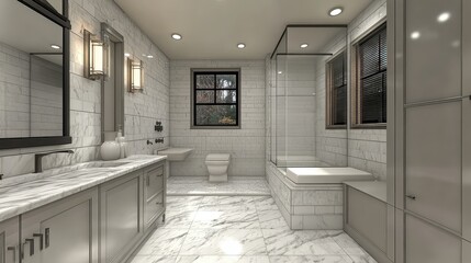 Modern bathroom interior with white subway tiles, a floating vanity with a vessel sink, and a large mirror, showcasing contemporary design in a sleek and minimalist home
