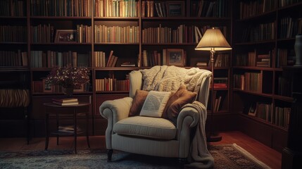 Old books adorn a vintage living room interior with a leather armchair, a sofa, and a side table, creating a cozy and inviting atmosphere