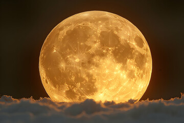 Large, golden full moon rising above fluffy clouds at night.