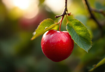 Obraz premium A ripe, red plum with green leaves attached