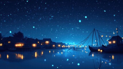 A tranquil and ethereal scene of a night harbor with boats and pier lights reflected in the still calm waters  The starry sky and glowing illumination create a serene and magical atmosphere