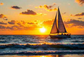 A sailboat silhouetted against a vibrant orange and yellow sunset over the ocean, with waves lapping at the shore in the foreground