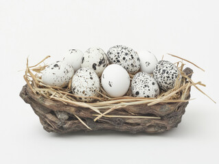 Obraz premium A beautiful composition featuring quail eggs in a wooden basket on a white background, ideal for organic product marketing.