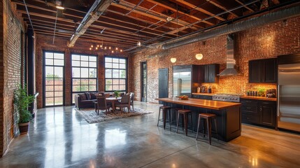 Fototapeta premium Wooden dining table and chairs occupy the center of this empty, loft-style restaurant interior, with large windows and exposed brick walls