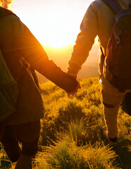 Fototapeta premium Couple, hiking and sunrise on mountain with people for morning adventure, scenery and explore with bonding. Back, relax and trekking on expedition for sightseeing, love or together on cliff in nature