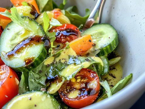 A close-up of a fresh garden salad, featuring crisp lettuce, cherry tomatoes, cucumber slices, shredded carrots, and a drizzle of vinaigrette. The salad is served in a white ceramic bowl with 