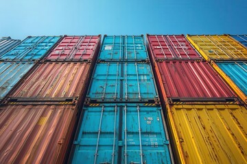 Fototapeta premium stack of blue shipping containers against a bright clear sky representing global trade and logistics creating a sense of order and organization within the bustling world of freight transport