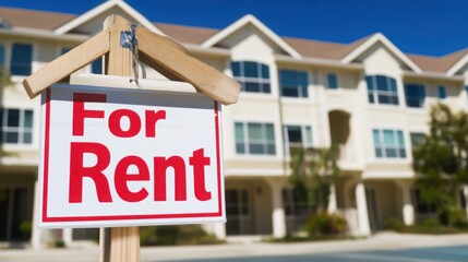 Fototapeta premium For rent sign displayed on a residential building, symbolizing opportunities for new beginnings and the dynamic nature of urban living.