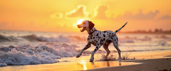 Dalmatian dog running on beach at golden sunset