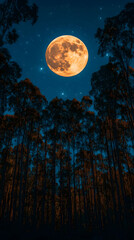 Fototapeta premium Full orange moon shining brightly over a dark forest at night, stars visible.