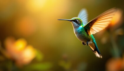 Fototapeta premium Hummingbird in Flight: A Burst of Emerald and Gold