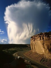 Fototapeta premium A panoramic shot of a long, empty highway stretching into the desert horizon under a dramatic sky with towering cumulonimbus clouds.