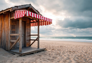 Fototapeta premium A wooden beach hut with a striped awning on a sandy beach, with a cloudy sky and a sailboat in the distance