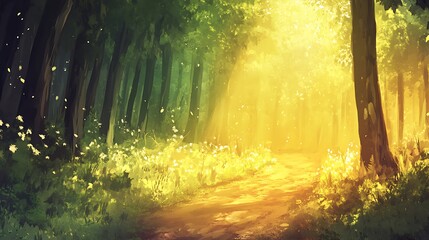 Fototapeta premium Sunlit Forest Path With White Flowers And Golden Light