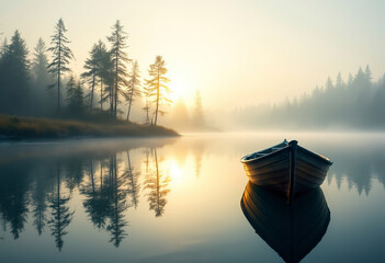 A wooden boat floating on a misty lake at sunrise, with the sun peeking through the fog and trees in the background