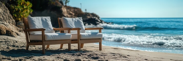 Relaxing chairs by the beach with ocean waves and clear skies create a serene getaway on a sunny day