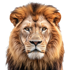 Majestic lion with a full mane on a white backdrop