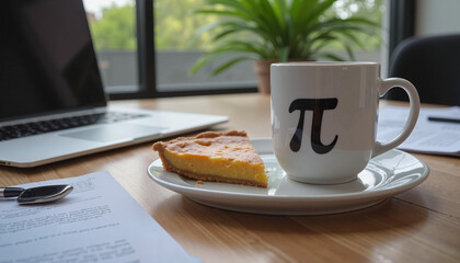 Pi-themed mug with pie slice on office desk